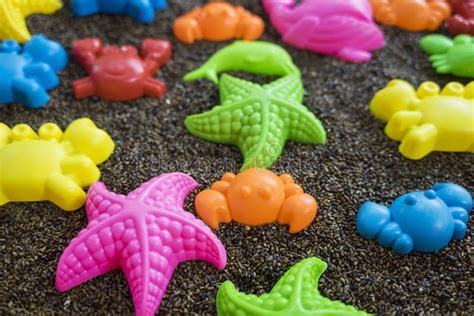 Plastic Sea Animals on Man Made Sand. Children Toys Stock Image - Image