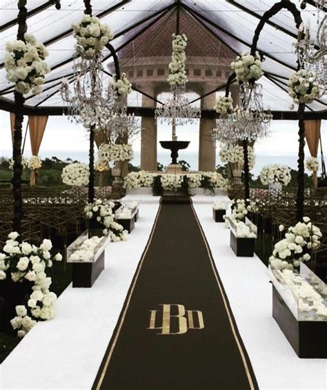 Elegant Outdoor Ceremony Gold And Black Aisle Runner With Monogram