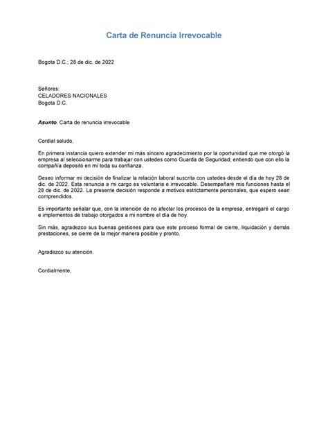 Carta De Renuncia Borrador Carta De Renuncia Irrevocable Bogota D