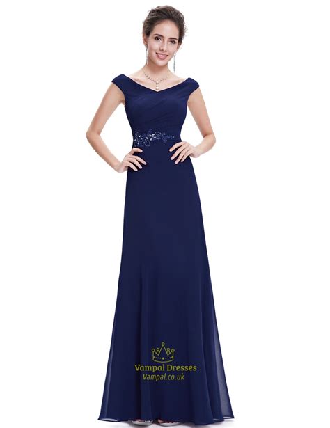 Navy Blue Chiffon Long Bridesmaid Dresses With Beaded Lace