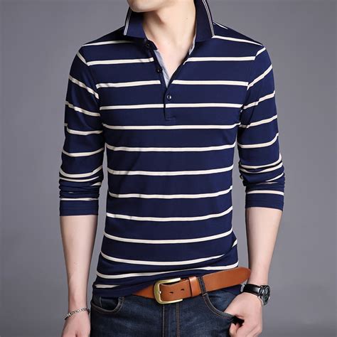2018 New Style Long Sleeve Men T Shirt Turn Down Collar Stripe T Shirt