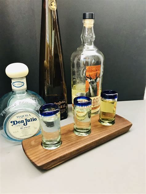 Sale Tequila Tasting Flight Solid Walnut Flight W 3 Blue Rim Handblown Shot Glasses Serving