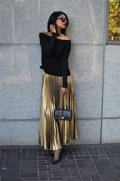 Gold Pleated Midi Skirt Metallic Pleated Skirt Outfits Gold Skirt