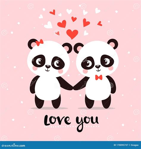 Two Little Cute Pandas Hold Hands Among Hearts Vector Greeting Card