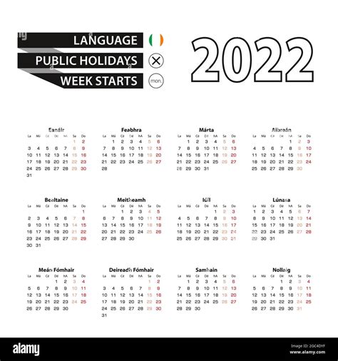 Calendar 2022 In Irish Language Week Starts On Monday Vector Calendar