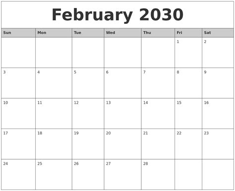 February 2030 Monthly Calendar Printable