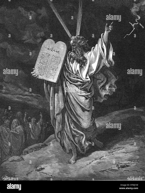 Moses Vom Berg Sinai Mit Den Gesetzestafeln Zehn Gebote Absteigend