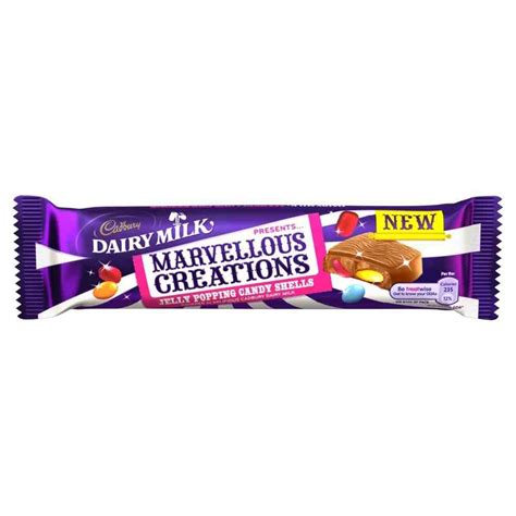 Milk chocolate with fruit flavour jellies (6%), sugar coated cocoa candies (6%), and popping candy (4%). Cadbury Dairy Milk Marvellous Creations Jelly Popping ...