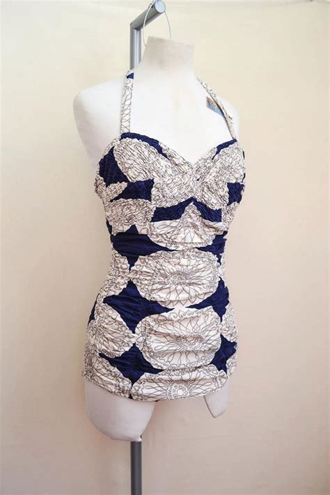 1950s Dark Blue Printed Cotton Swimsuit 50s Novelty Print Shirred