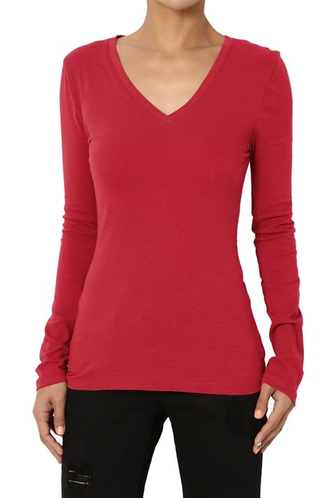themogan women s basic plain solid v neck long sleeve tee cotton fitted t shirts