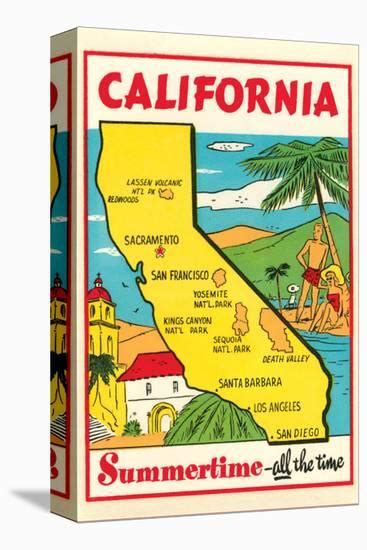 Cartoon Map Of California Stretched Canvas Print