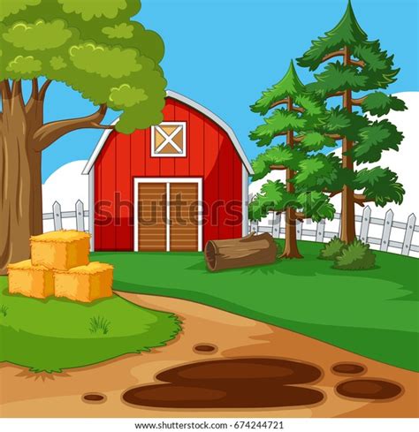 Farm Scene Barn Trees Illustration Stock Vector Royalty Free 674244721