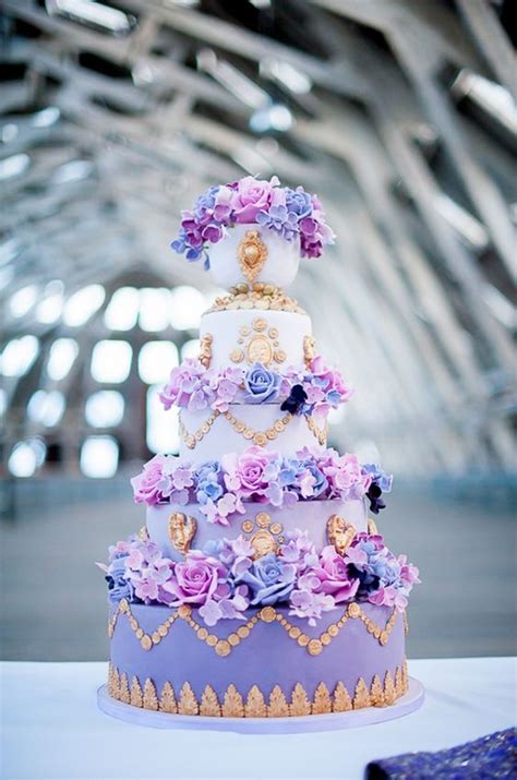 Beautiful Detailed Purple Wedding Cake With Flowers And