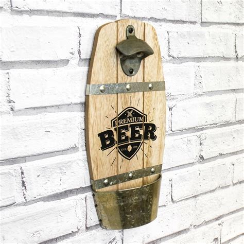 Wall Mounted Wooden Beer Barrel Shaped Bottle Opener Cap Catcher Patio