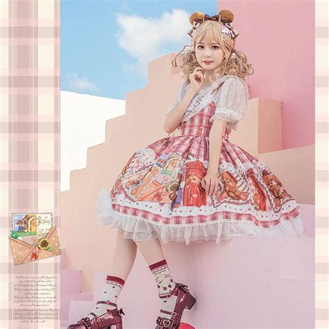 Kawaii Stamp Bear Printing Lolita Jsk Dress Kawaii Fashion Shop