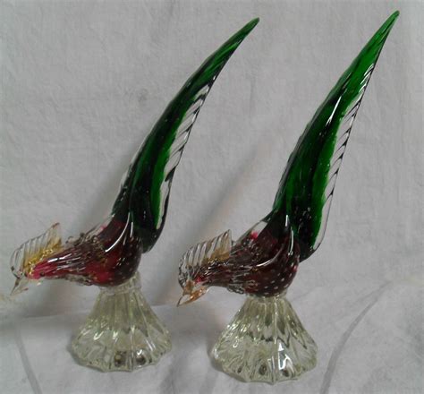 Pair Of Vintage Venetian Glass Murano Glass Pheasant Rooster Sculpture Figurine 1720706489
