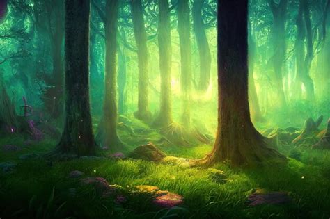 Fantasy Magical Fairy Tale Forest Neon Sunset Rays Of Light Through The