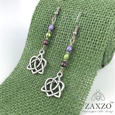 Celtic Sister Knot Earrings With Purple Czech Beads Irish Knot Jewelry