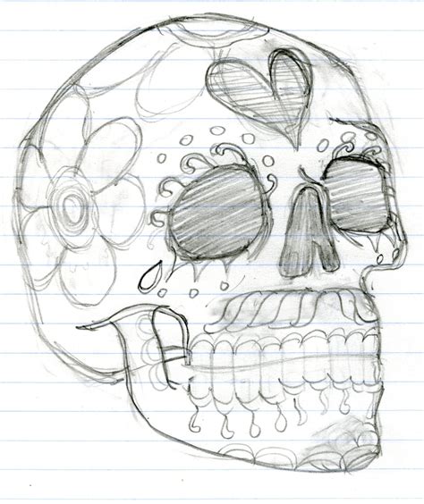 A Drawing Of A Skull With Flowers On Its Head And Eyes Drawn In Pencil