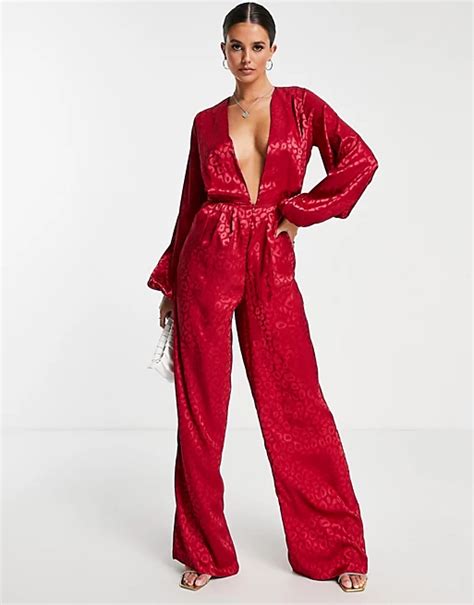 Missguided Tall Satin Tie Front Wide Leg Jumpsuit In Burgundy Asos
