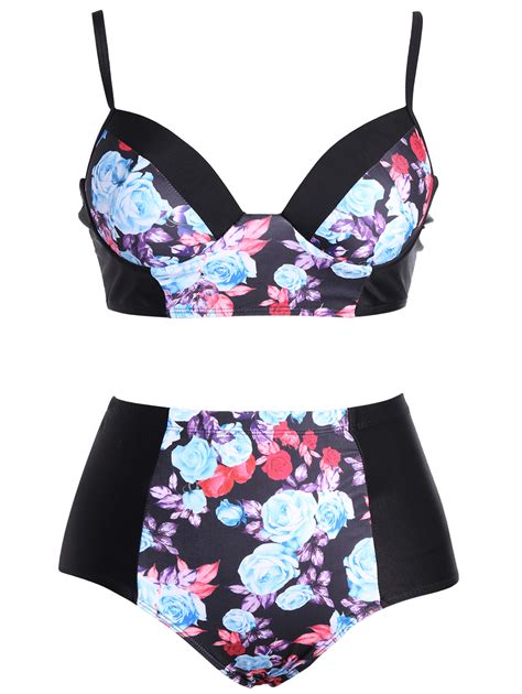 2018 Plus Size Floral Underwire High Waist Bikini Set Black Xl In Plus