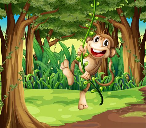 A Monkey Playing With The Vine Trees In The Middle Of The