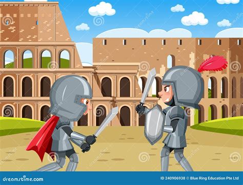 Scene With Two Knights In Armour Is Fighting Stock Vector