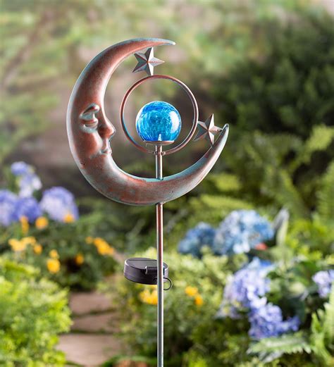 Crescent Moon Garden Stake With Glowing Glass Globe Solar Garden Accents Garden Décor By