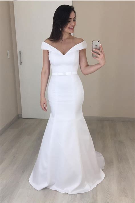 Simple Satin Mermaid Wedding Gown With Off The Shoulder · Narsbridal