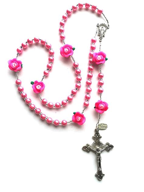 Rosary Is Made With Hot Pink Glass Pearls Along With Matching Clay