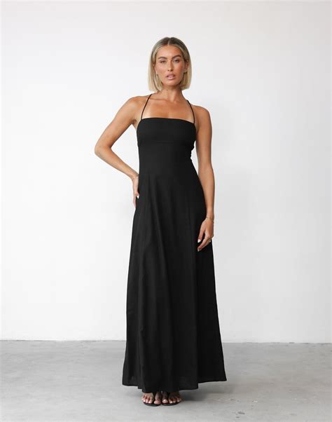 Madelyn Maxi Dress Black Charcoal Clothing Exclusive Straight Neckline Full Skirt Maxi