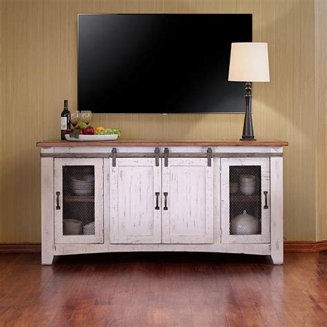Farmhouse Style Industrial Chic White Wood Sliding Barn Door Tv Stand
