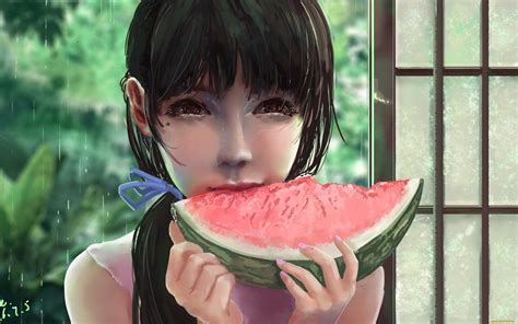 Wallpaper Anime Girls Anime Girls Eating Fruit Food Watermelons