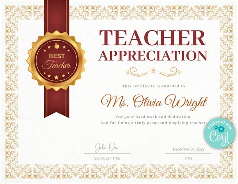 Teacher Appreciation Award Certificate Template Teacher T Etsy India