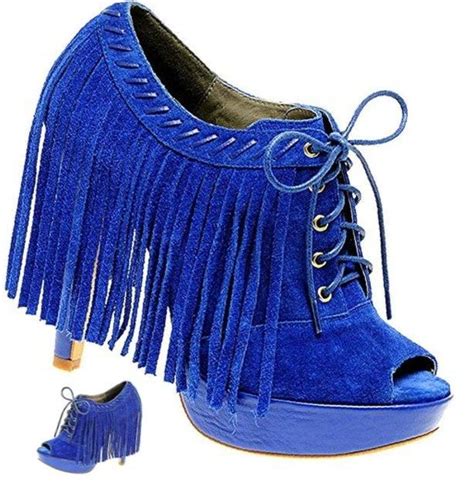 Blue Fringed Suede Heels Boots Shoe Boots Wedge Boot Heel Boot Blue