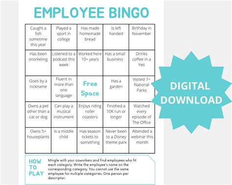 Employee Bingo Workplace Get To Know You Game Employee Work Game Work Icebreaker Downloadable