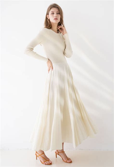 Knit Spliced Long Sleeves Maxi Dress In Cream Retro Indie And Unique Fashion