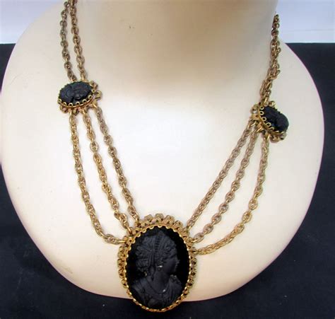 Victorian Black Satin Glass Triple Cameo Necklace Vintage Etsy Cameo Necklace Vintage