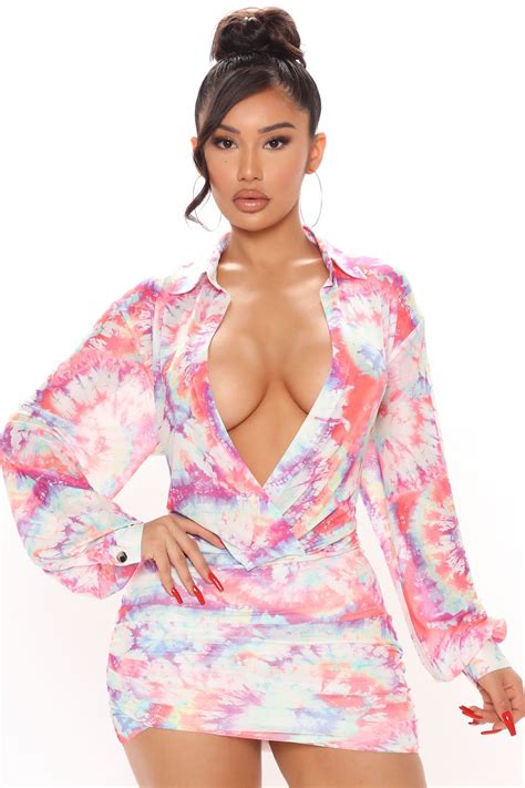 Available In Multi Color Tie Dye Mesh Mini Dress Collar Long Sleeve Surplice Ruched Side Zipper