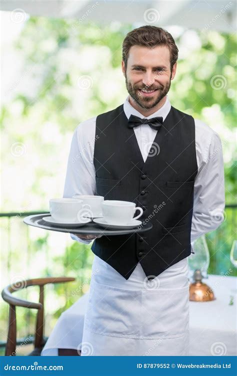 Male Waiter Holding Tray With Coffee Cups Stock Photo Image Of