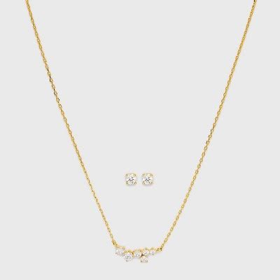 14k Gold Plated Cubic Zirconia Clustered Bar Necklace And Stud Earrings