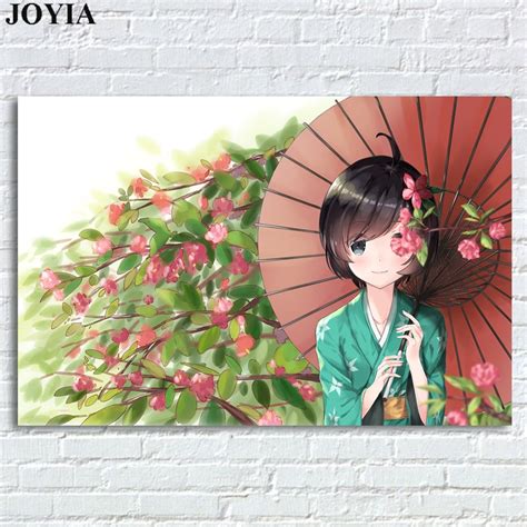 Blossom Cute Anime Girl Poster Watercolor Umbrella Kimono