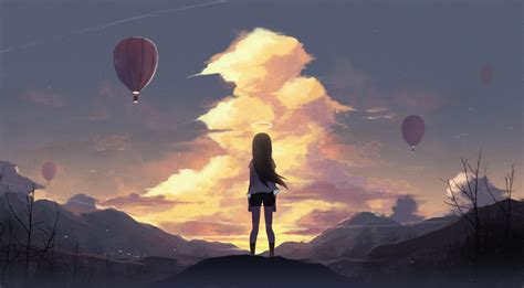 Anime Girl Looking Up At Hot Air Balloons In The Sky By Shiro Artwork