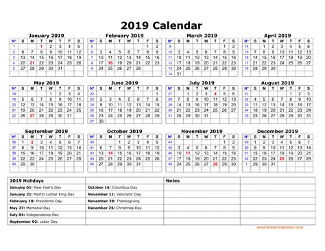 2019 Yearly Calendar With Holidays Landscape Layout