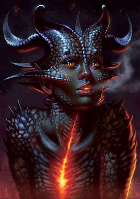 A Woman With Horns On Her Head And Red Eyes In Front Of A Dark Background