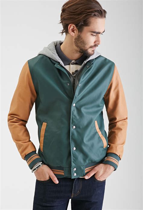 Forever 21 Faux Leather Varsity Jacket In Green For Men Lyst