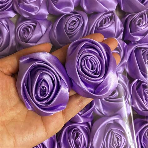 lot 50pc lavender 50mm 2 satin ribbon rose flowers d wedding bouquet decoration 600380479542