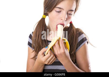 Beautiful Teenage Girl Eat Banana Wear Yellow T Shirt Jeans Near