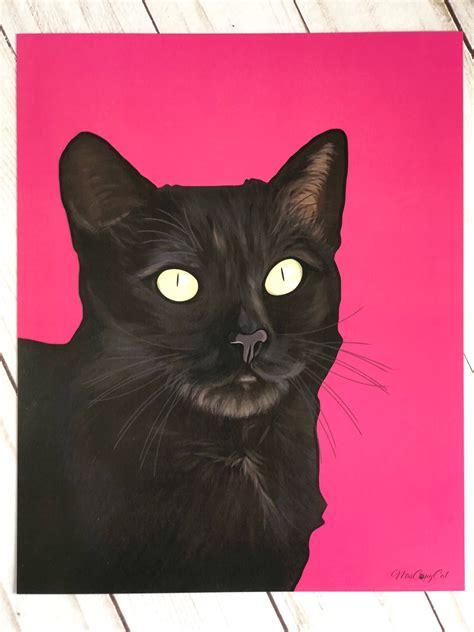 Black Cat Art Print Hand Drawn Cat Art Cool Cat Stuff Yellow Etsy