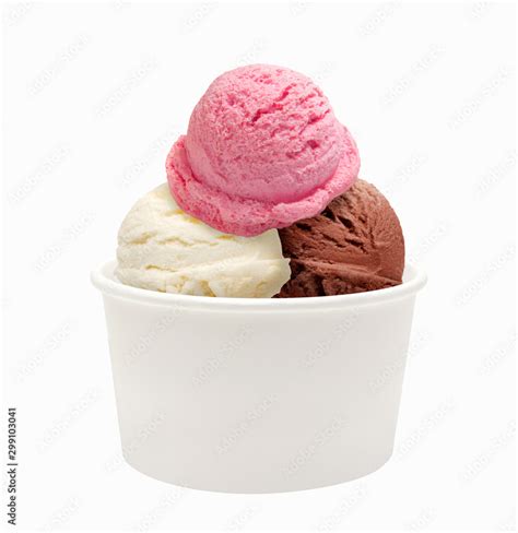 Chocolate Vanilla Strawberry Ice Cream Scoops In Paper Cup Isolated On White Background Stock